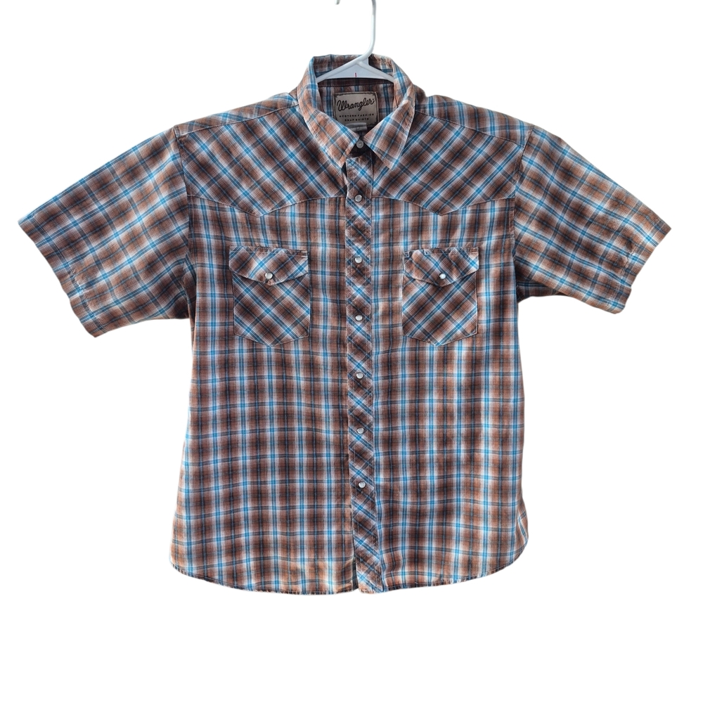 Vintage Wrangler Men's Pearl Snap Blue and Brown Plaid Shirt XLarge